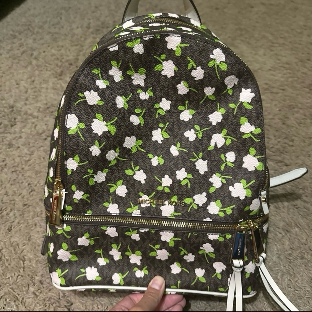 Michael Kors Floral Brown Backpack with Light Pink and Green Accents